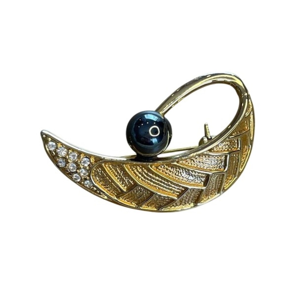 Vintage‎ Art Deco Gold Tone Faux Black Pearl Rhinestone Brooch from Unbranded - Picture 3 of 10